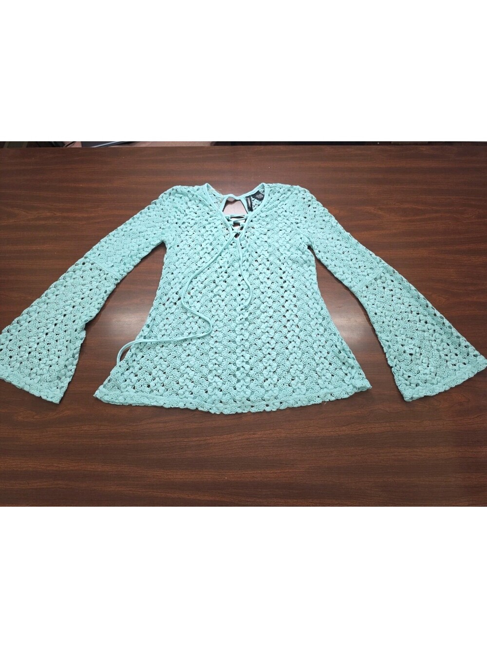 No Comment Women Mint Green Crochet Lace Up Long Sleeve Top Medium Boho Festival